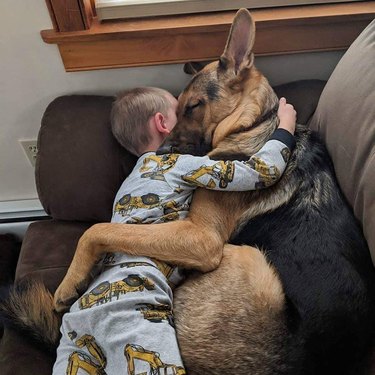 Toddler and German Shepherd cuddling