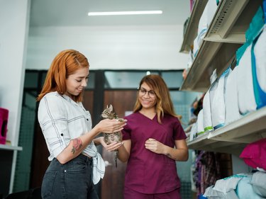 Young woman with kitty and vet worker smiling at clinic